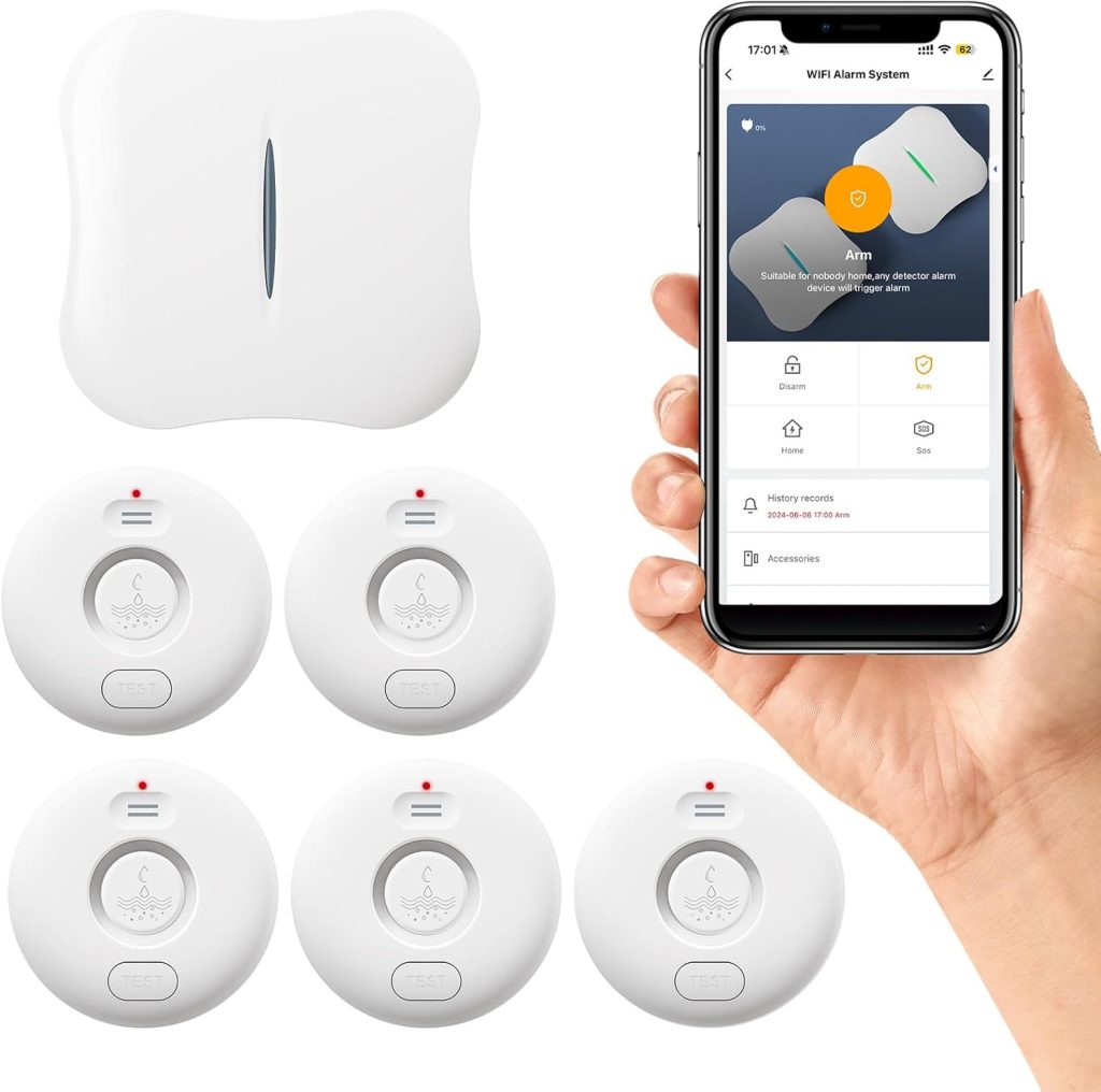 WiFi Water Leak Detector for Home 5pack, 120dB Adjustable Alarm, Smart Water Sensor Alarm, Wireless Water Leak Alert with App Notification, 5 Sensors & 1 Gateway for Bathroom,Laundry,Kitchen