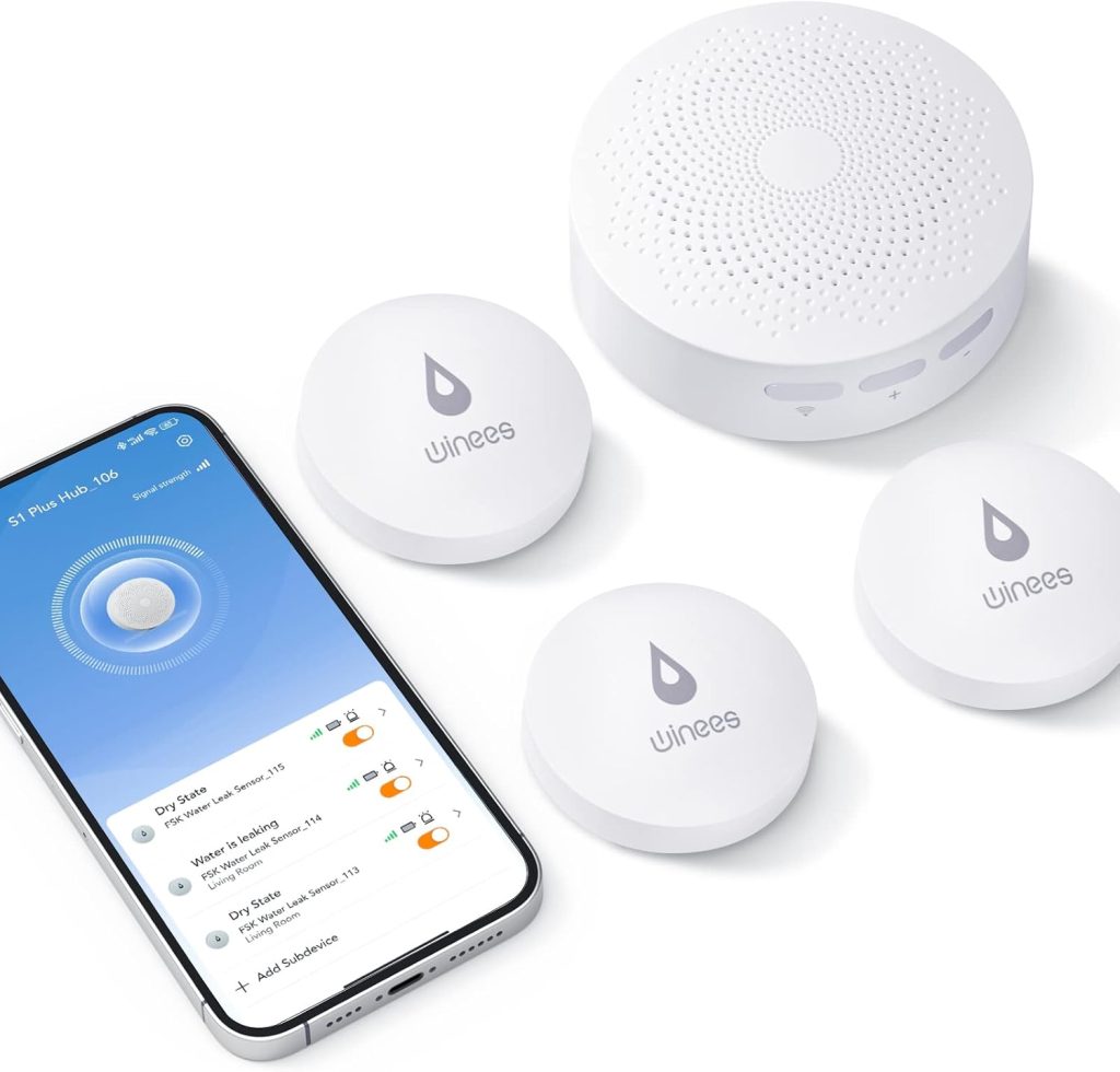 Winees WiFi Water Leak Detector, 3 Pack Water Sensors with 100dB Adjustable Alarm, Leak Alert Email&SMS Notification, 100M Transmission for Basement, Bathroom, Laundry, IFTTT, S1 Plus, 2.4G WiFi Only